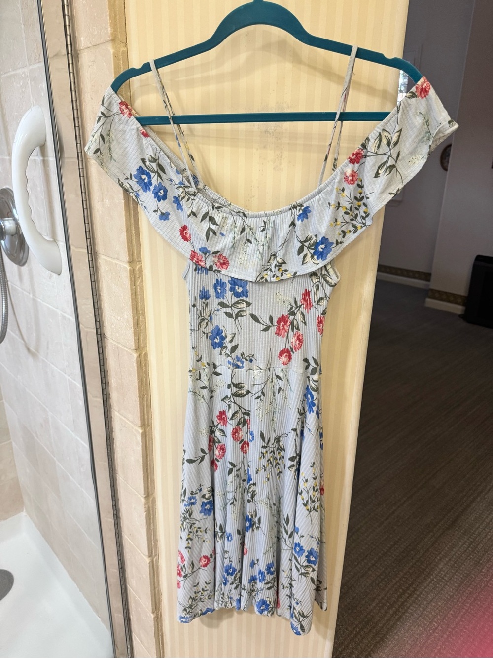 Lush Blue Floral Off-Shoulder Sundress with Red Accents